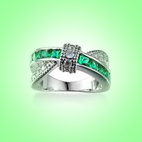 Green Emerald & Rhinestone Chris-Cross Ring Silver - Picture 2 of 5